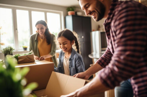 Famille heureuse déménageant ensemble avec garde alternée dans le cadre de leur déménagement