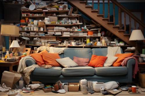Salon encombré de divers objets, symbolisant le besoin de connaître le tarif pour débarrasser une maison avant un déménagement.