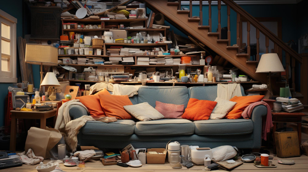 Salon encombré de divers objets, symbolisant le besoin de connaître le tarif pour débarrasser une maison avant un déménagement.
