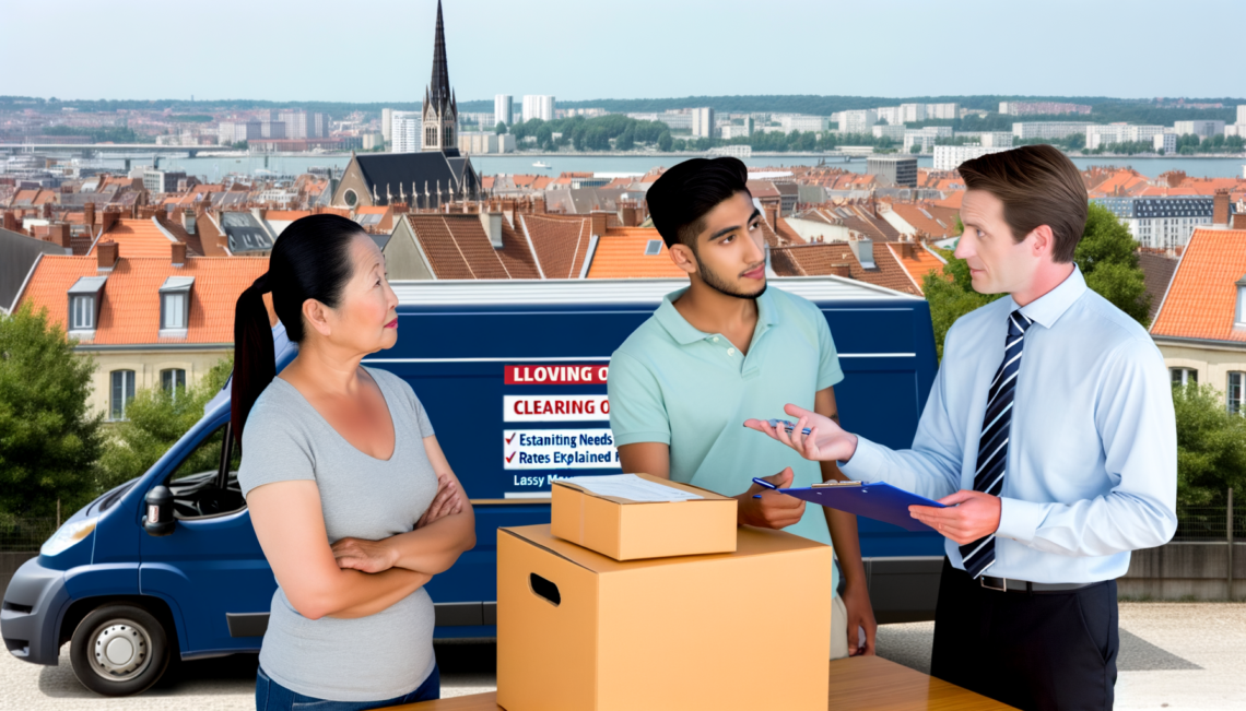 alt=équipe de déménageurs à Lille effectuant un débarras, avec une légende illustrant l'estimation des besoins et des tarifs pour un déménagement facile et abordable