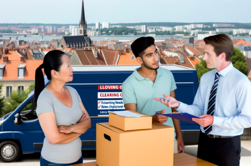alt=équipe de déménageurs à Lille effectuant un débarras, avec une légende illustrant l'estimation des besoins et des tarifs pour un déménagement facile et abordable