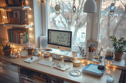 Aménagement d'un coin bureau fonctionnel et séduisant dans un petit appartement, illustrant des astuces d'espace bijou