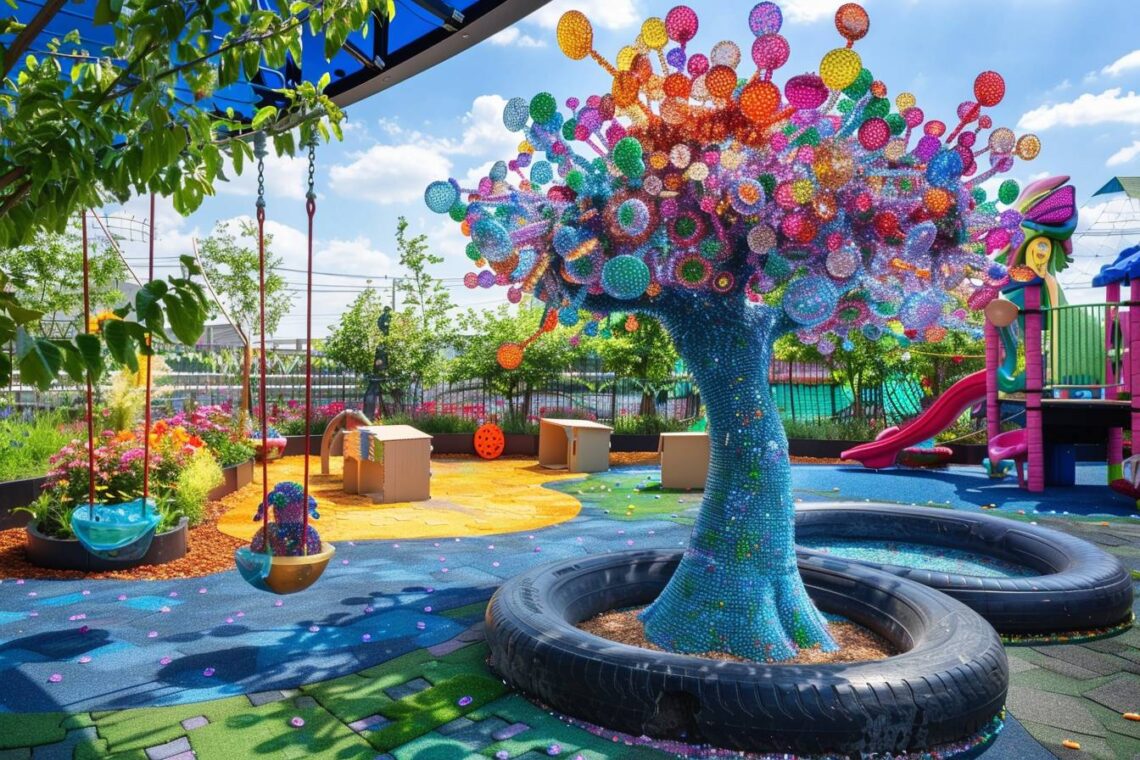 Un enfant heureux jouant dans une chambre colorée décorée avec des matériaux recyclés