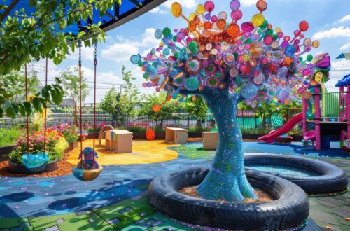 Un enfant heureux jouant dans une chambre colorée décorée avec des matériaux recyclés